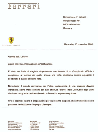 Brief von der Scuderia Ferrari