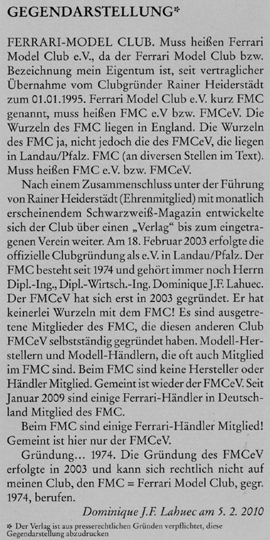 Gegendarstellung des Ferrari MODEL CLUB